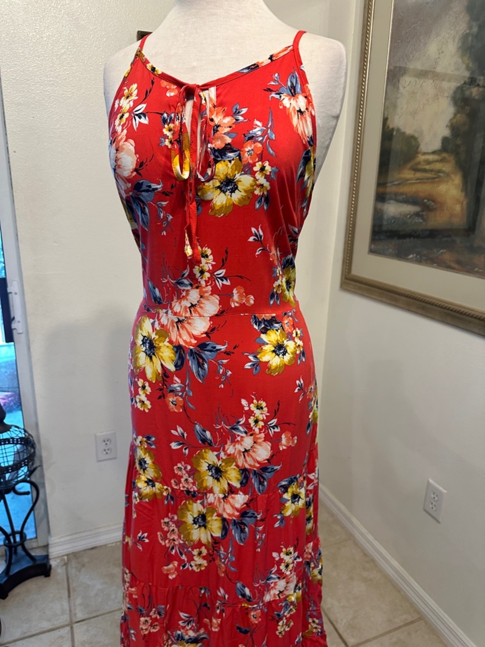 Band of Gypsies Red Floral Boho Maxi Dress w/Adjustable Straps Size Large - Picture 9 of 16